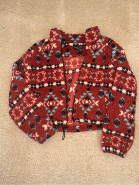Love Tree Rust Red Aztec Sherpa Jacket with Turquoise Accents